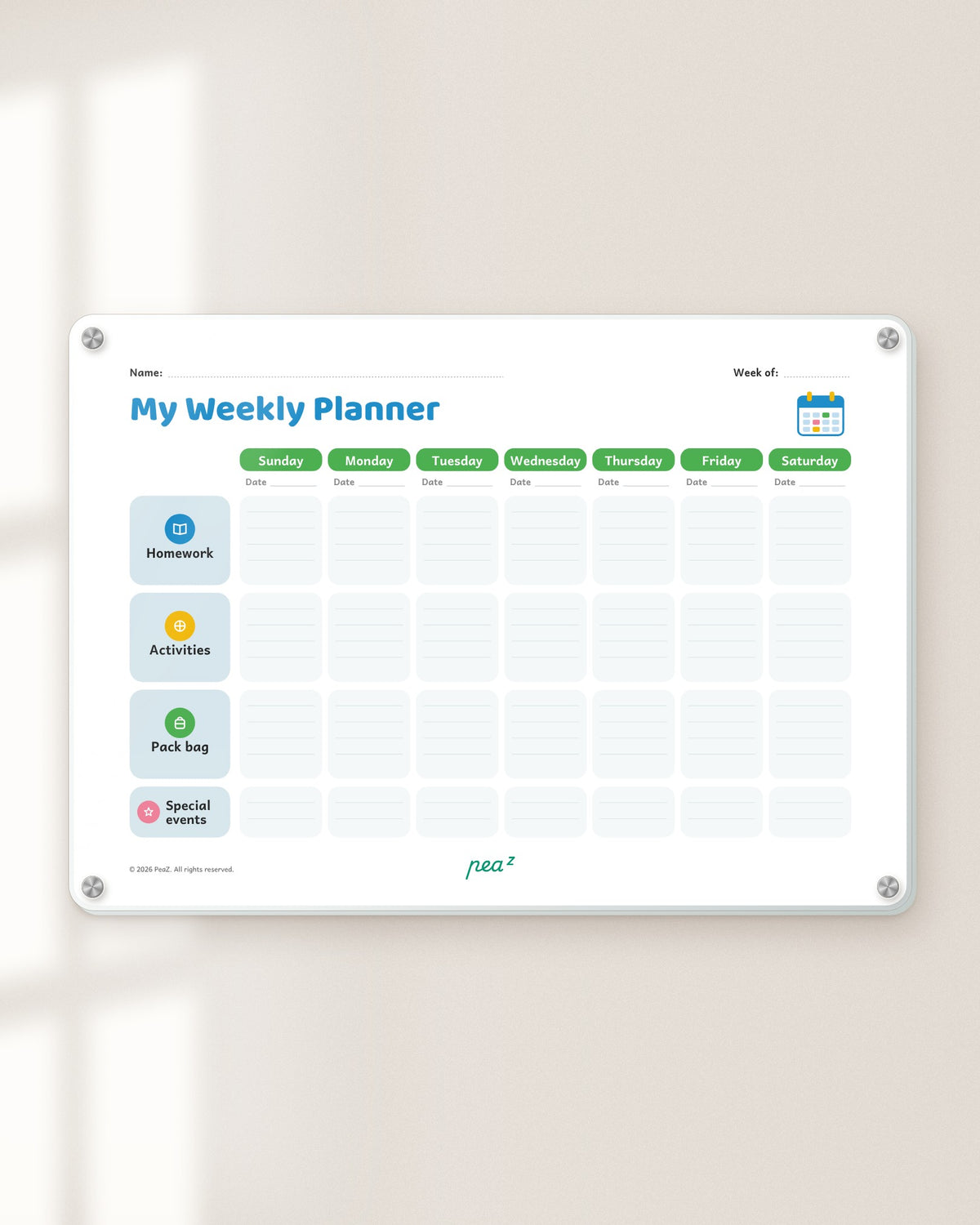 My Weekly Planner | Kids Weekly Schedule & Homework Planning Board