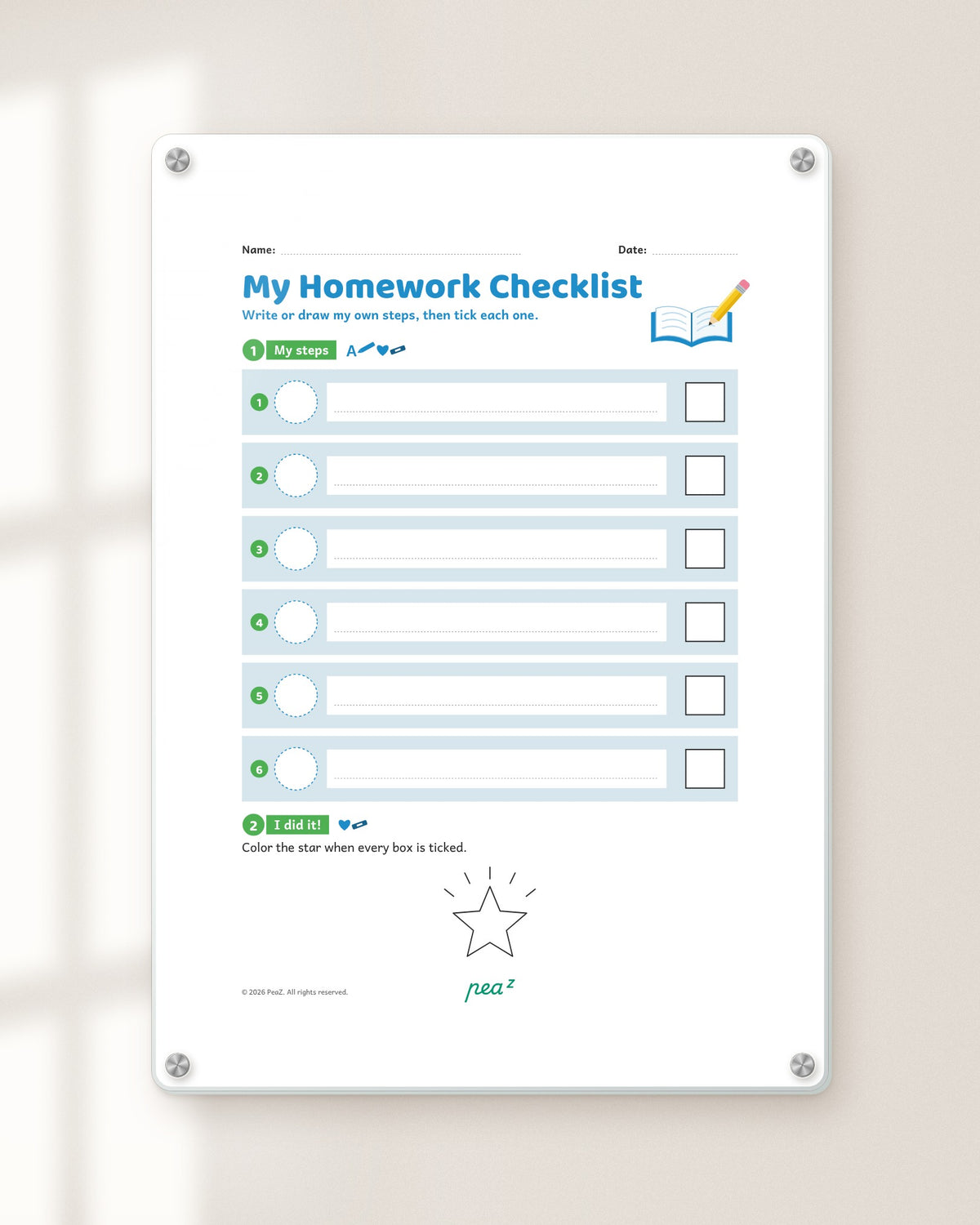 My Study Steps | Write-Your-Own Kids Homework Checklist Board