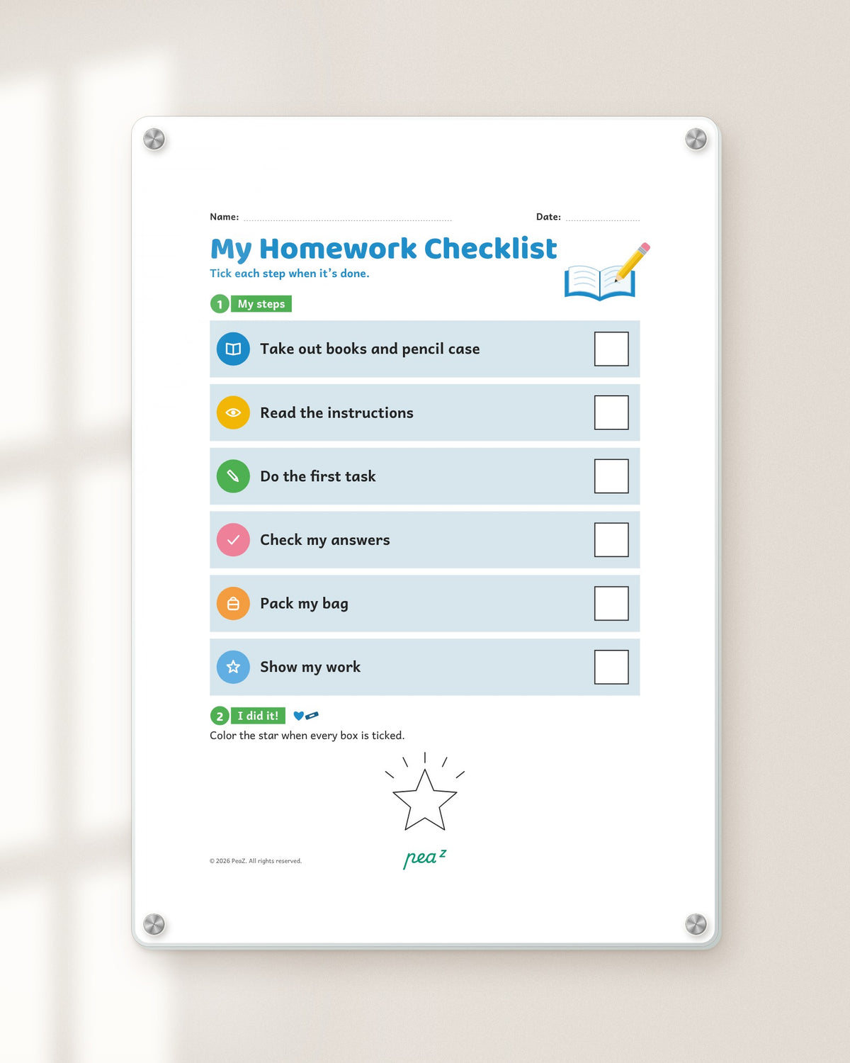 Study Time Checklist | Kids Homework Routine & Working Memory Board